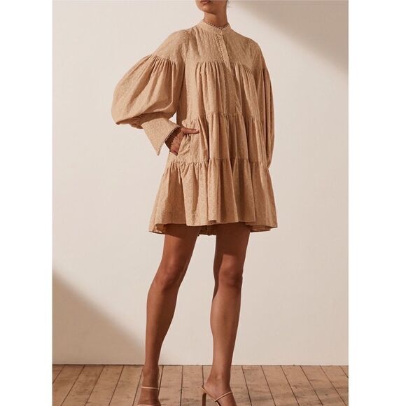 Shona Joy Magnolia Tiered Mini Dress Peanut Butter - Picture 1 of 11
